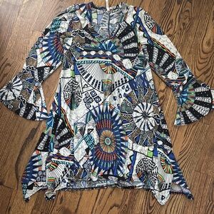 Boho Multicolor Geometric Flare-Sleeve Mini Dress